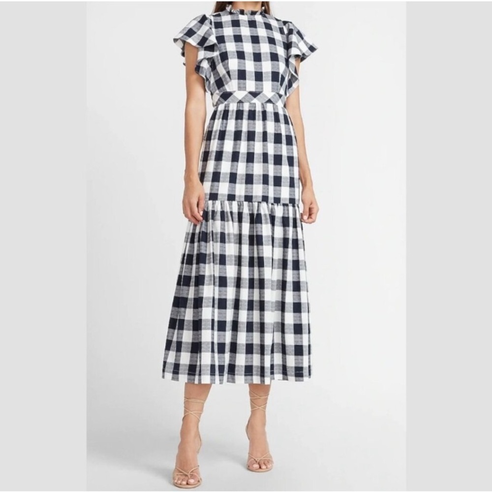 Express x Lady Gang Checkered gingham cotton Midi Dress flutter sleeves 2